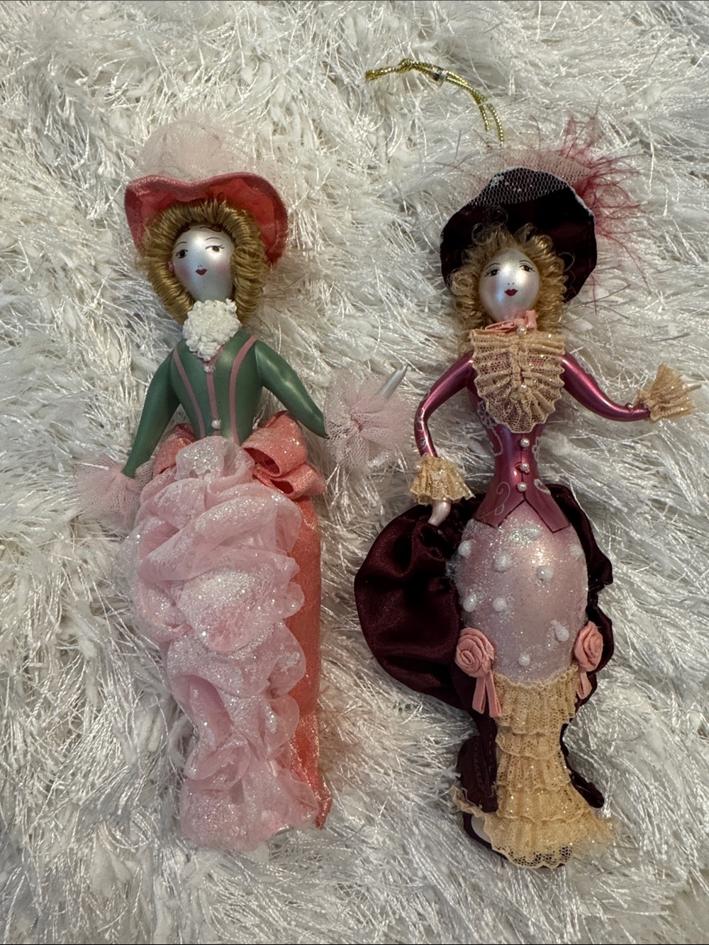 De Carlini Victorian Style Pink and Burgundy Fabric Doll Ornaments
